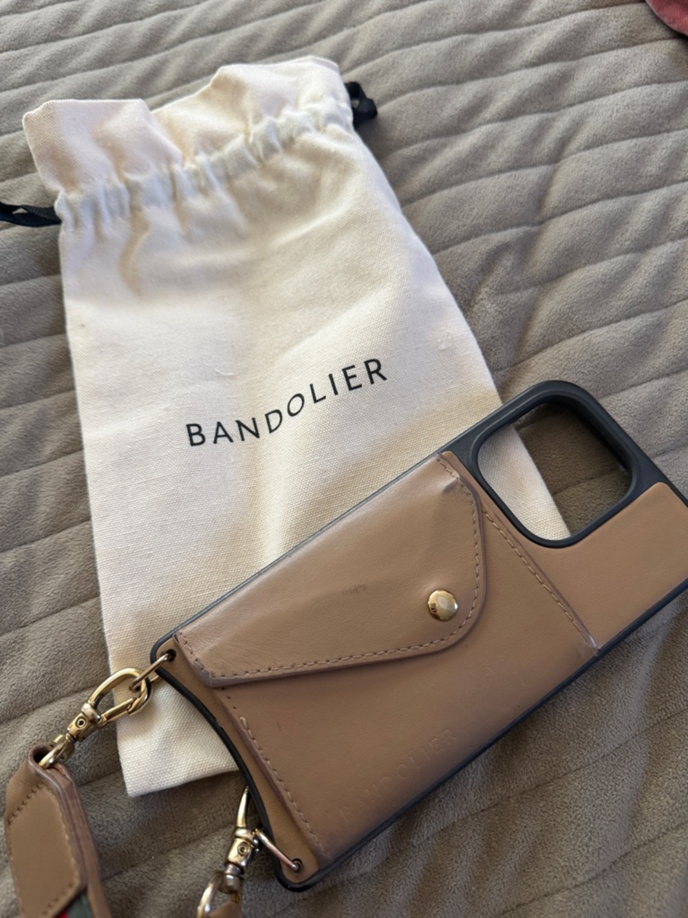 Bandolier Taupe Leather Mini Phone Crossbody with Gold Hardware